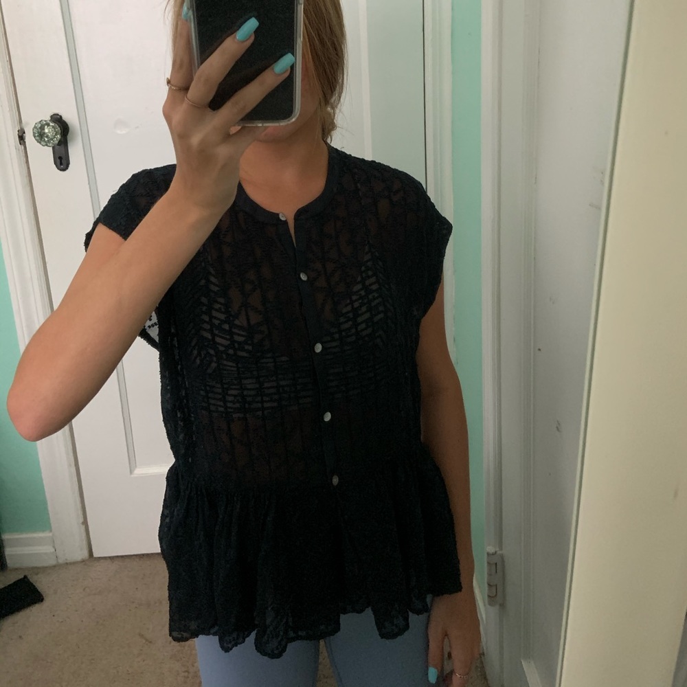 Anthropology Burning Torch navy blue top size s